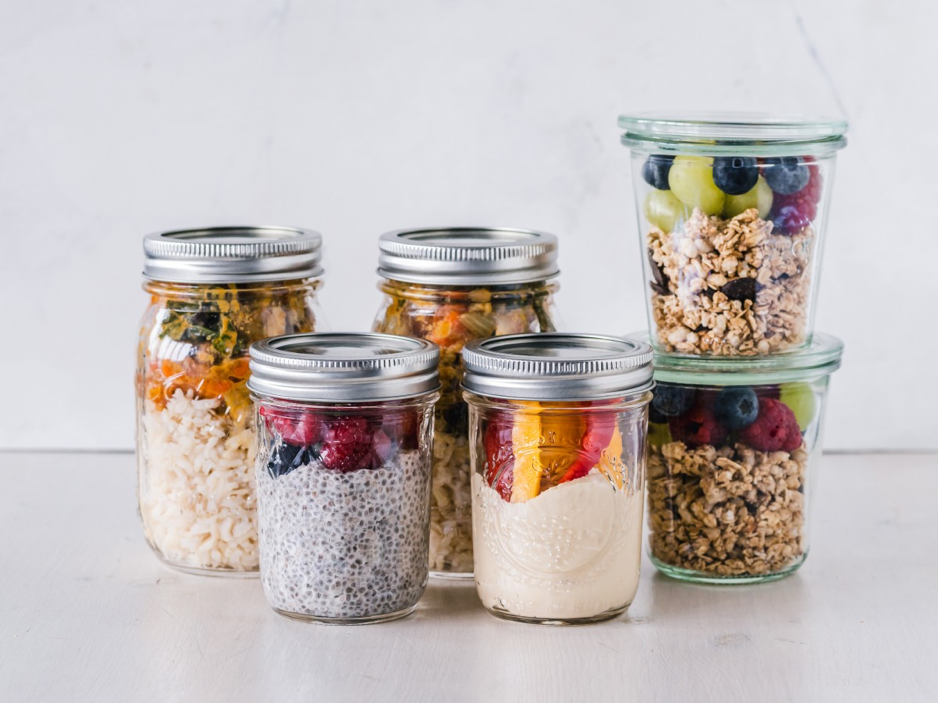 Food stored in sealed glass containers